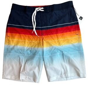 Men's Striped Board Shorts Navy Blue Sunset Swim Trunks Size 32 10" Inseam  NWT